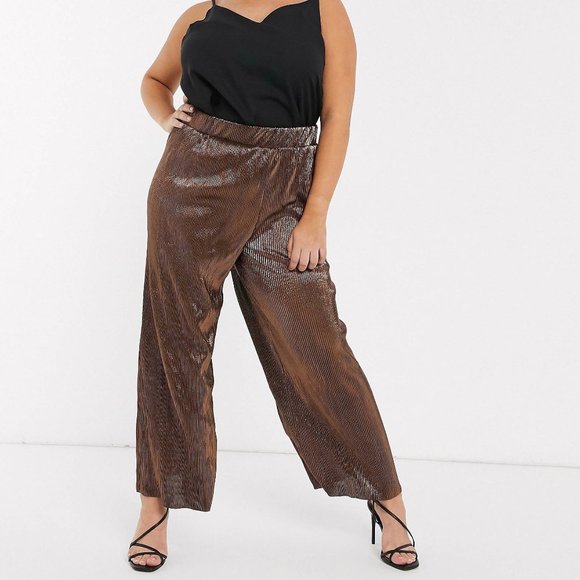 Vero Moda Curve Womens Plisse Wide Leg Pants Metallic Copper plus size 2X - Picture 1 of 13